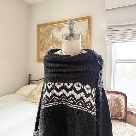 Boho sweater pink republic medium black knit fair isle sweater cozy - Picture 4 of 6